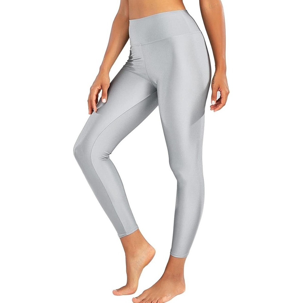 Sghenr Women's High Waisted Tummy Control Shiny Yoga Legging Pants - Silver - S